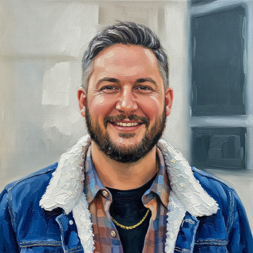 Painted portrait of Matt Aston smiling in a blue jacket.