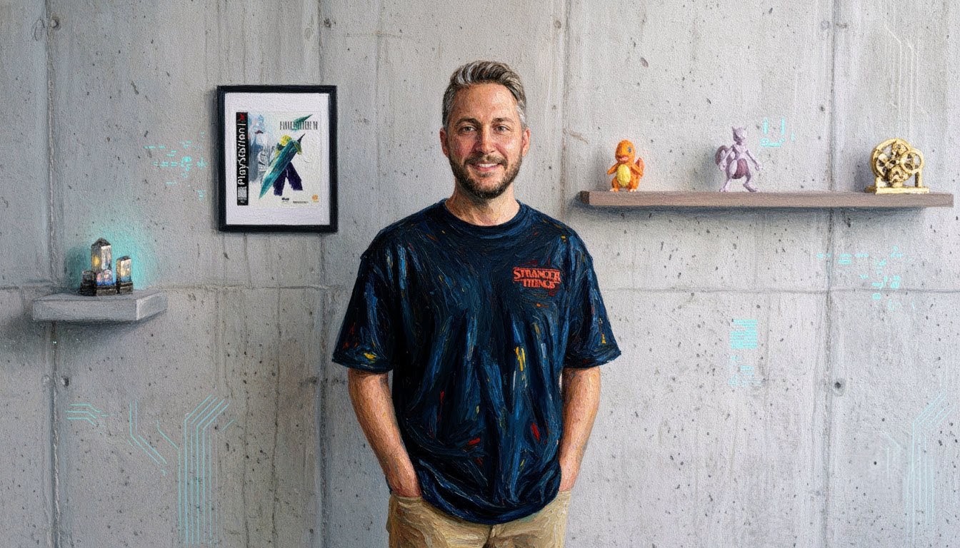 Matt Aston standing in a studio with framed artwork and a display shelf.