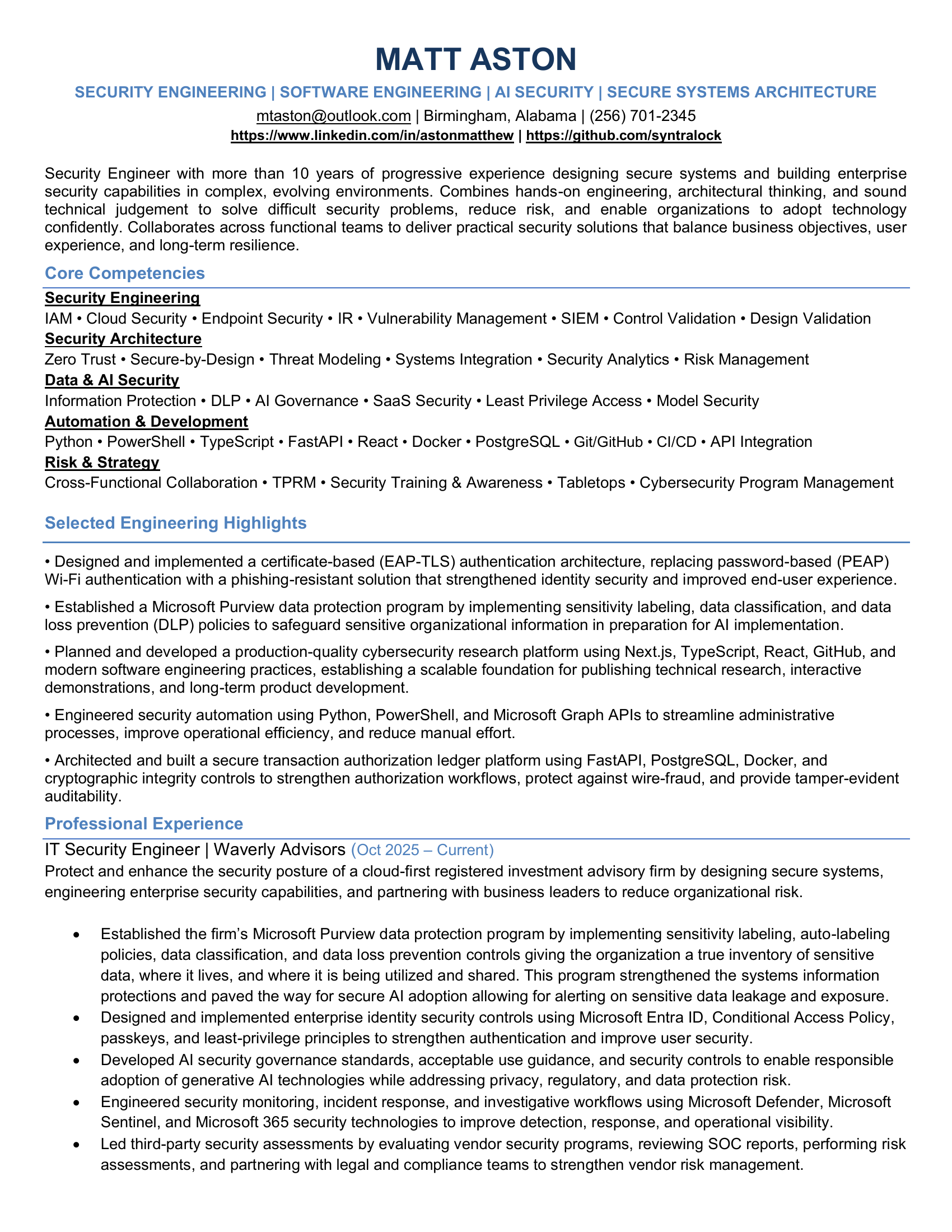 Page 1 of Matt Aston's professional resume.